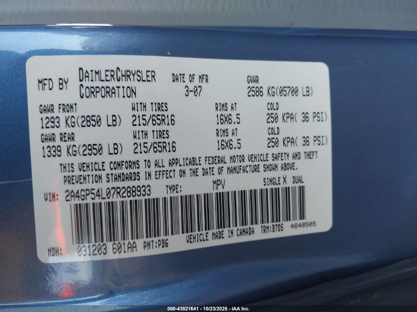 2007 Chrysler Town & Country Touring VIN: 2A4GP54L07R288933 Lot: 43521641