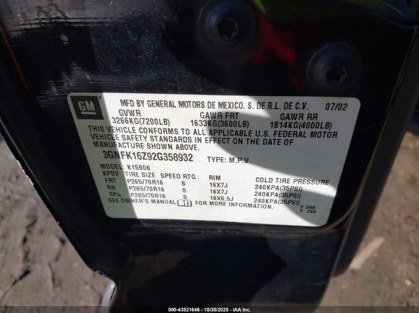 2002 Chevrolet Suburban 1500 Lt VIN: 3GNFK16Z92G358932 Lot: 43521646