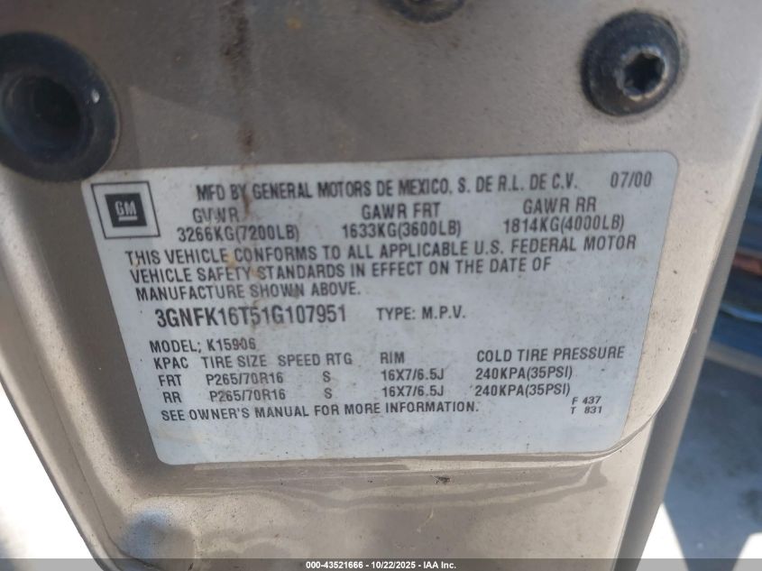 2001 Chevrolet Suburban 1500 Lt VIN: 3GNFK16T51G107951 Lot: 43521666