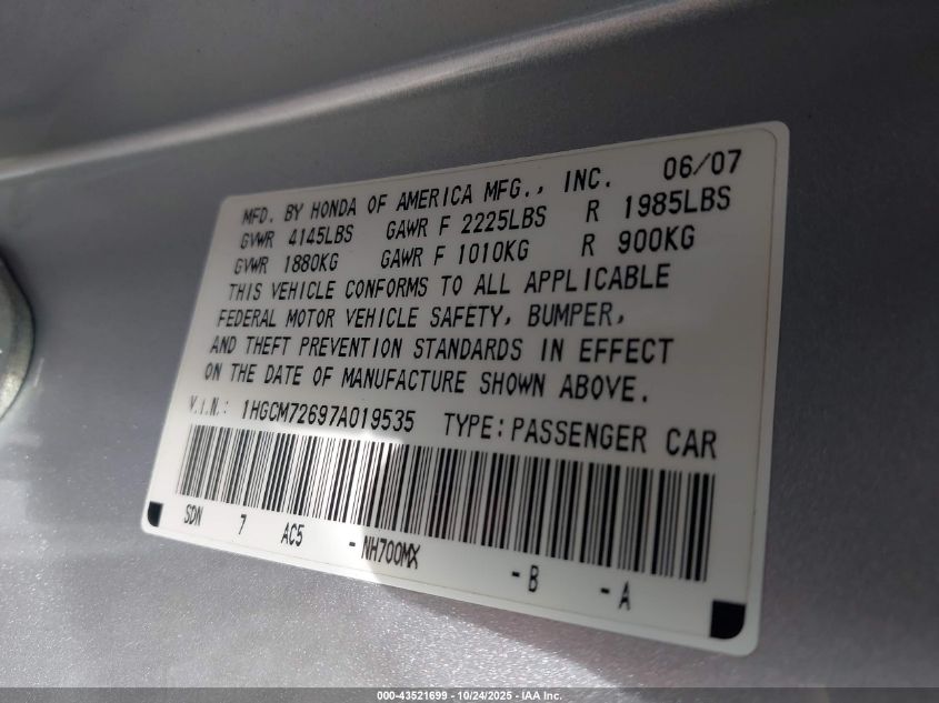 2007 Honda Accord 2.4 Ex VIN: 1HGCM72697A019535 Lot: 43521699