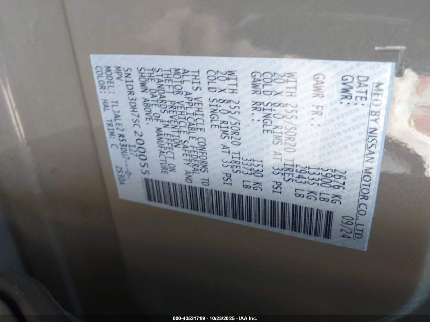 2025 Nissan Pathfinder Platinum Fwd VIN: 5N1DR3DH7SC20055 Lot: 43521719