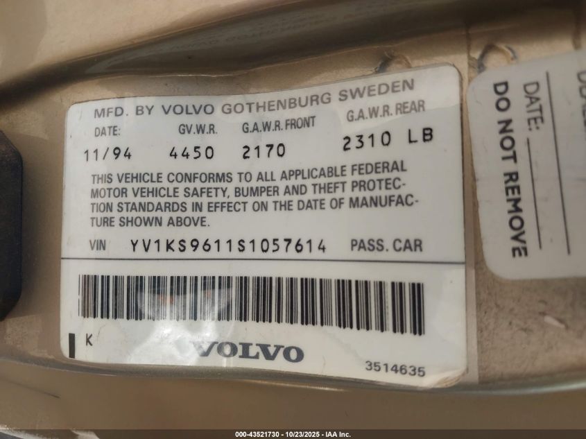 1995 Volvo 960 VIN: YV1KS9611S1057614 Lot: 43521730