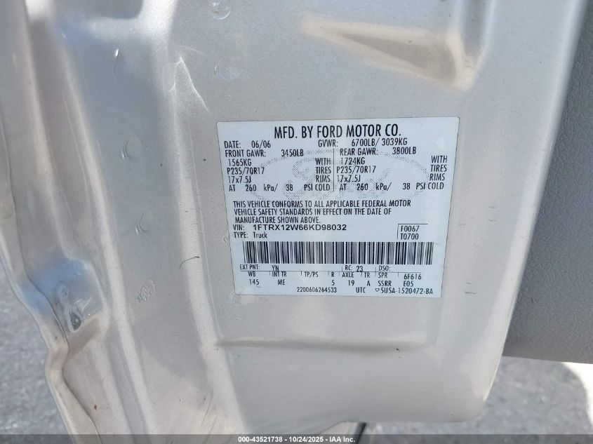 2006 Ford F-150 Stx/Xl/Xlt VIN: 1FTRX12W66KD98032 Lot: 43521738