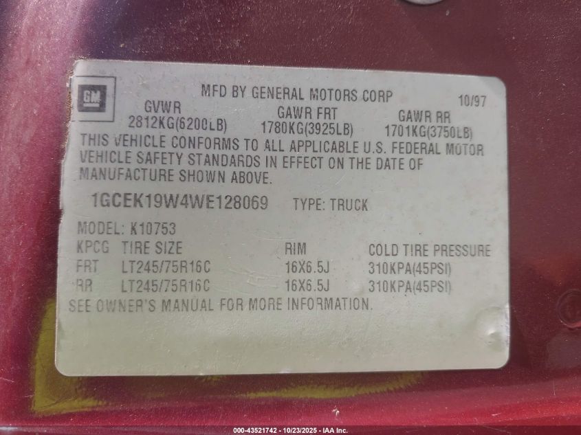 1998 Chevrolet K1500 Fleetside VIN: 1GCEK19W4WE128069 Lot: 43521742