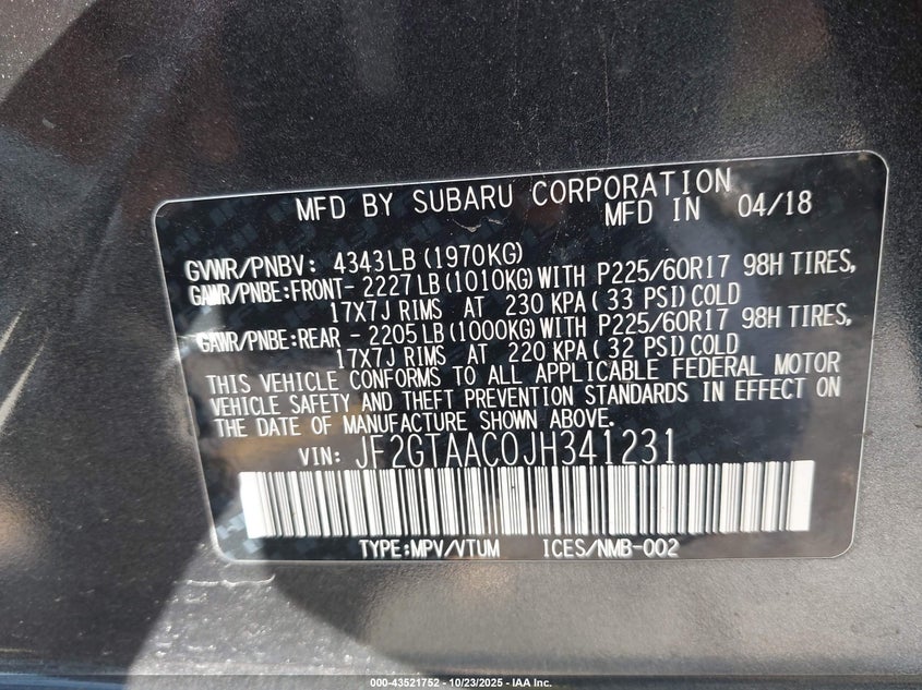 2018 SUBARU CROSSTREK 2.0I JF2GTAAC0JH341231