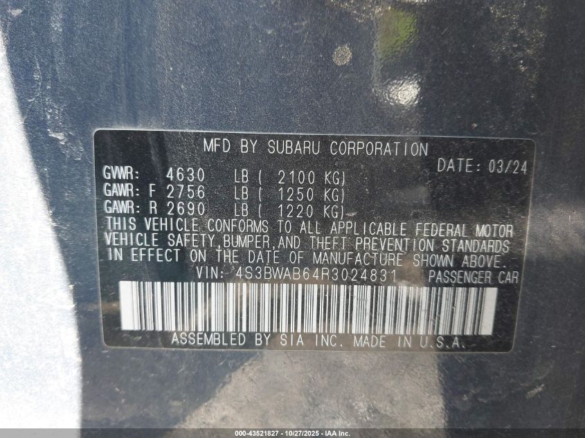 2024 Subaru Legacy VIN: 4S3BWAB64R3024831 Lot: 43521827