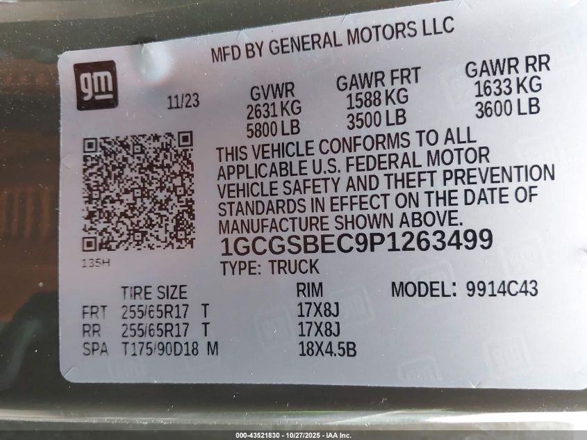 2023 Chevrolet Colorado 2Wd Short Box Wt VIN: 1GCGSBEC9P1263499 Lot: 43521830