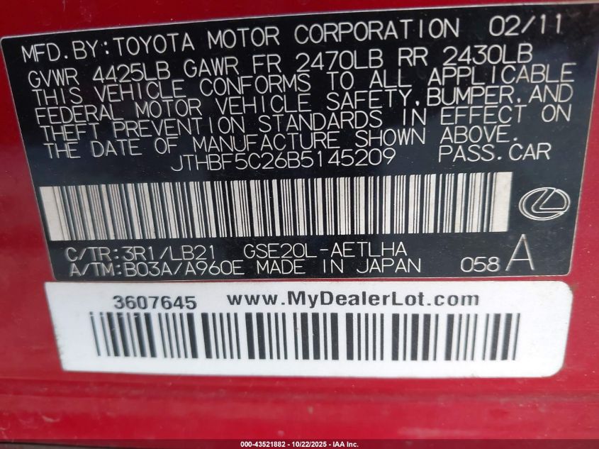 2011 Lexus Is 250 VIN: JTHBF5C26B5145209 Lot: 43521882