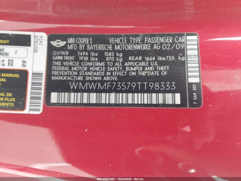 2009 Mini Cooper S VIN: WMWMF73579TT98333 Lot: 43521883
