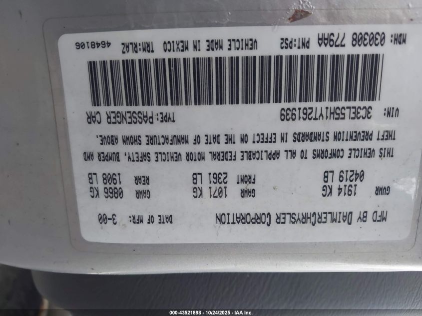 2000 Chrysler Sebring Jxi VIN: 3C3EL55H1YT261939 Lot: 43521898