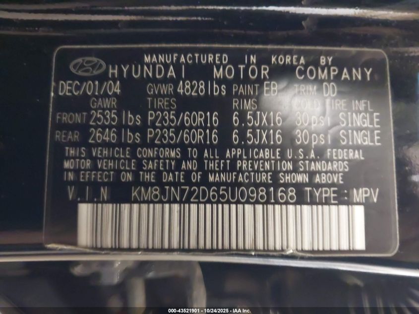 2005 Hyundai Tucson Gls/Lx VIN: KM8JN72D65U098168 Lot: 43521901