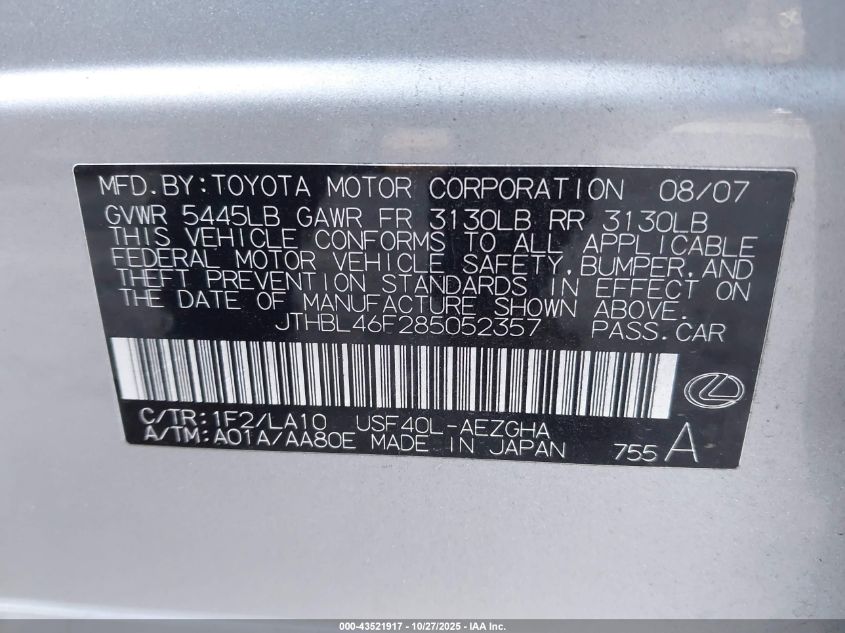 2008 Lexus Ls 460 VIN: JTHBL46F28505235 Lot: 43521917