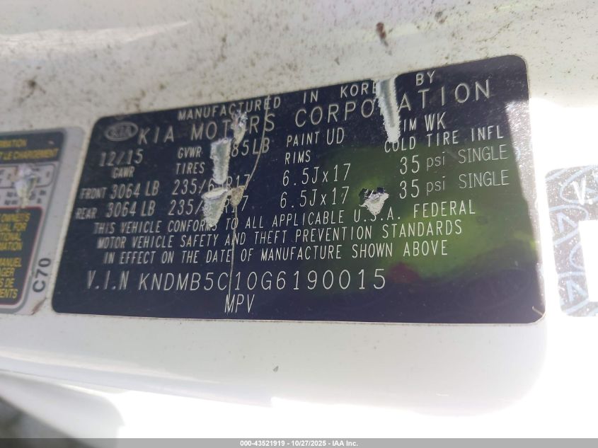 2016 Kia Sedona Lx VIN: KNDMB5C10G6190015 Lot: 43521919