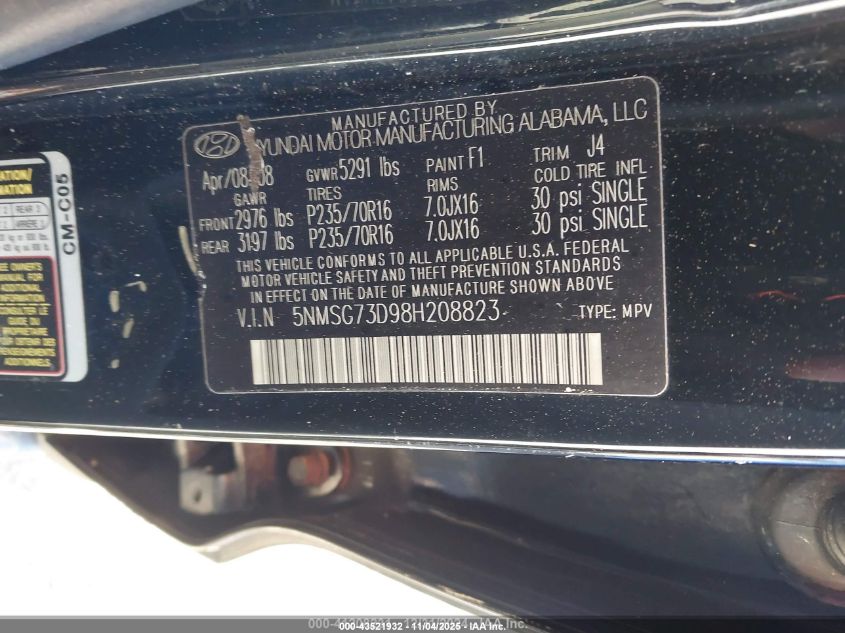 2008 Hyundai Santa Fe Gls VIN: 5NMSG73D98H208823 Lot: 43521932