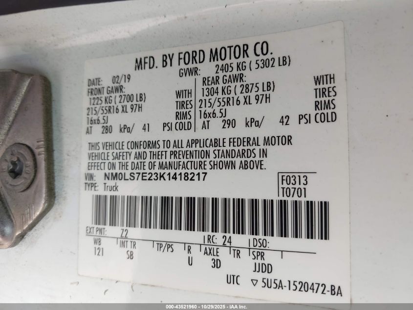 2019 Ford Transit Connect Xl VIN: NM0LS7E23K1418217 Lot: 43521960