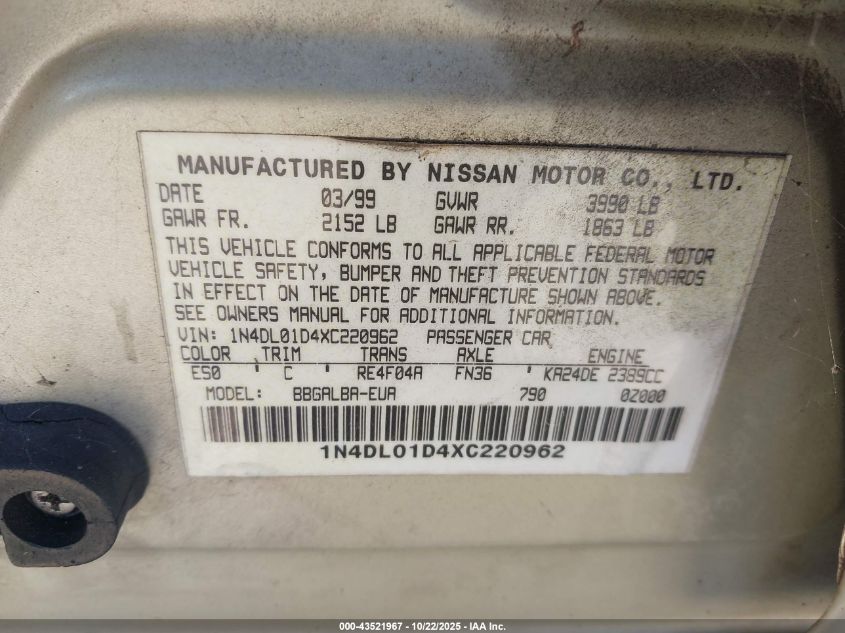 1999 Nissan Altima Gle/Gxe/Se/Se-L/Xe VIN: 1N4DL01D4XC220962 Lot: 43521967