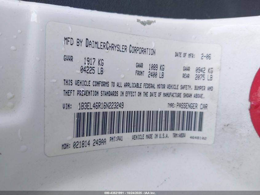 2006 Dodge Stratus Sxt VIN: 1B3EL46R16N223249 Lot: 43521991