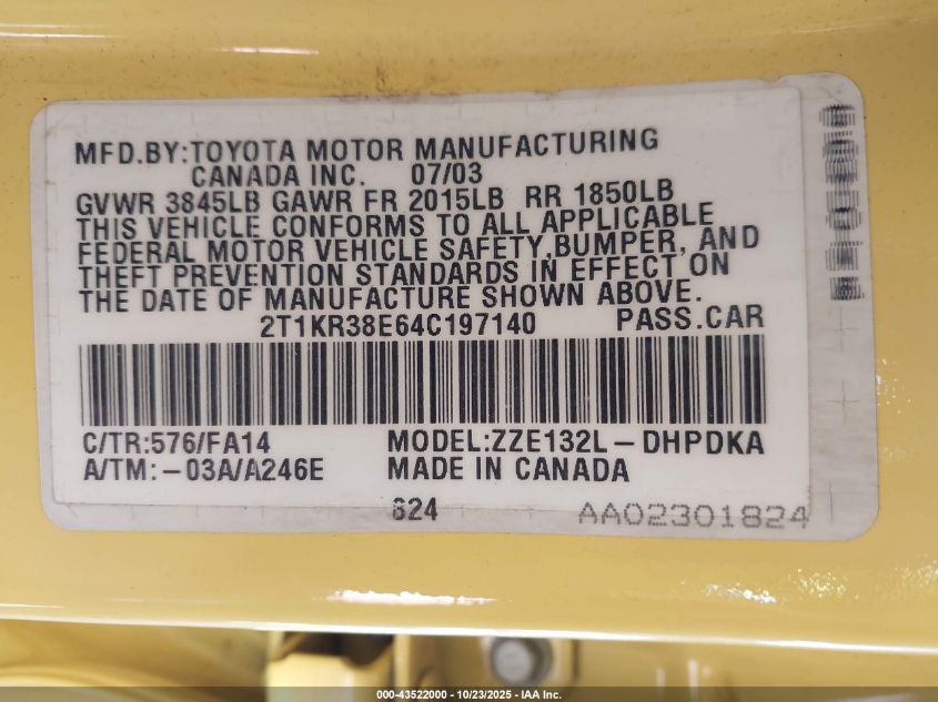 2004 Toyota Matrix Standard VIN: 2T1KR38E64C197140 Lot: 43522000