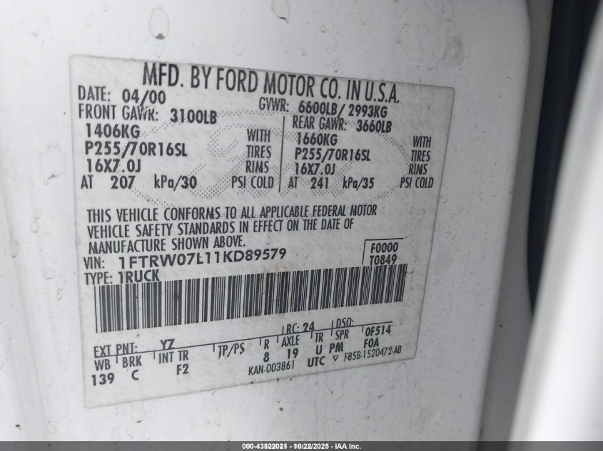 2001 Ford F-150 Harley-Davidson Edition/King Ranch Edition/Lariat/Xlt VIN: 1FTRW07L11KD89579 Lot: 43522021