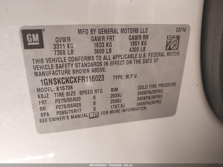 2015 CHEVROLET TAHOE LTZ 1GNSKCKCXFR116023