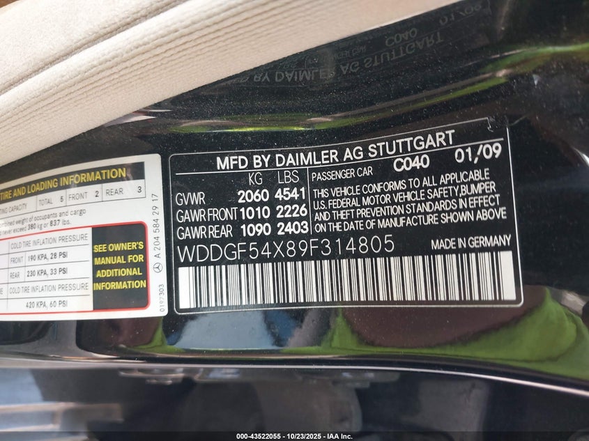 2009 Mercedes-Benz C 300 Luxury/Sport VIN: WDDGF54X89F314805 Lot: 43522055