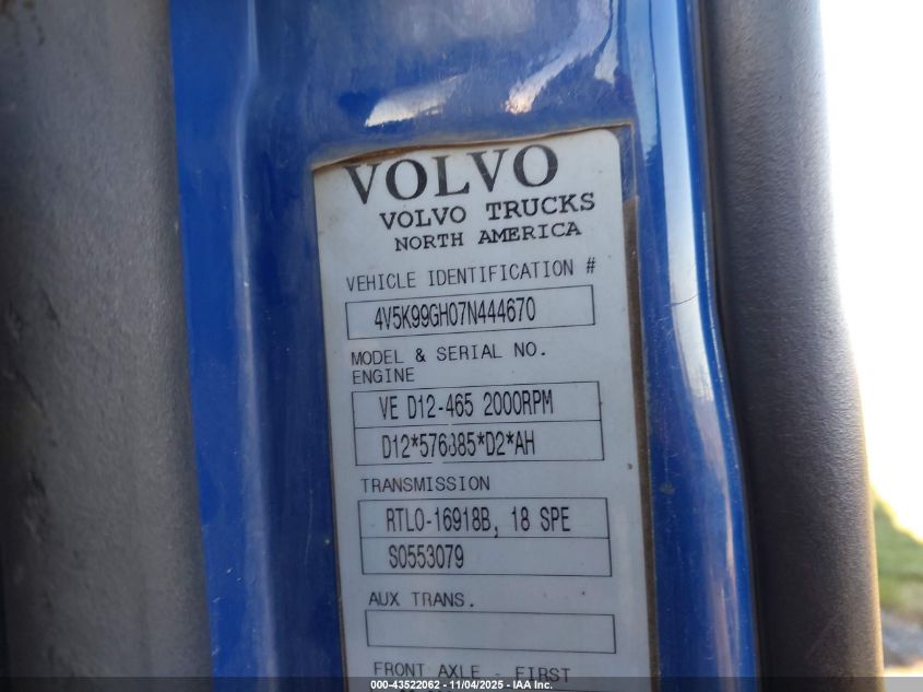 2007 Volvo Vhd VIN: 4V5K99GH07N444670 Lot: 43522062