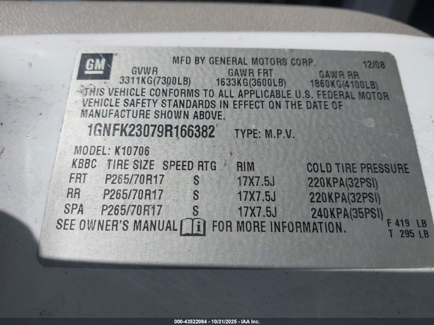 2009 Chevrolet Tahoe Lt1 VIN: 1GNFK23079R166382 Lot: 43522064