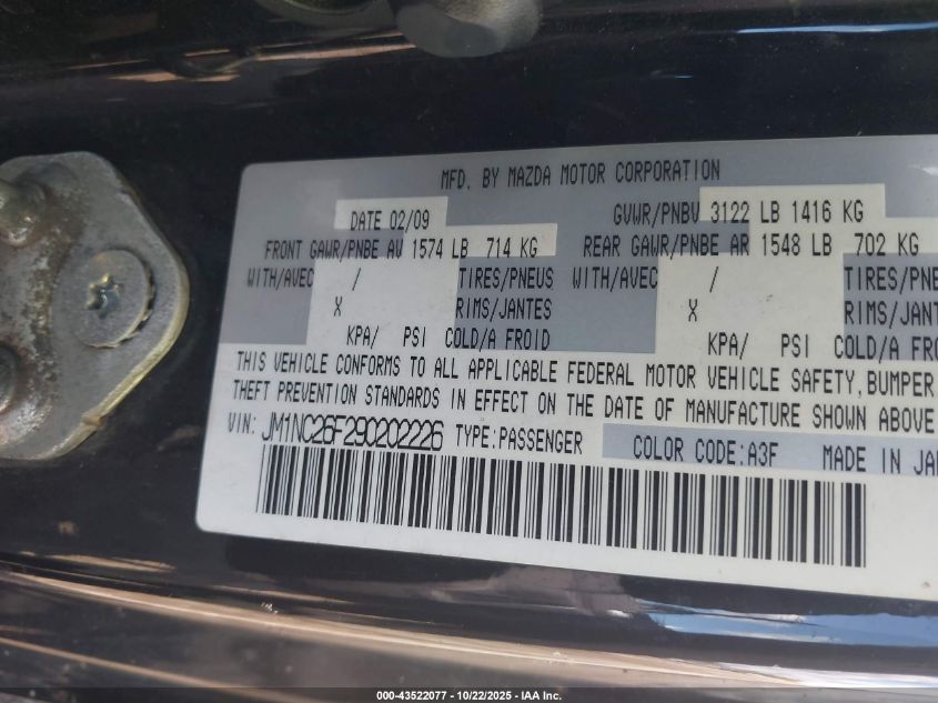 2009 Mazda Mx-5 Miata Touring VIN: JM1NC26F290202226 Lot: 43522077