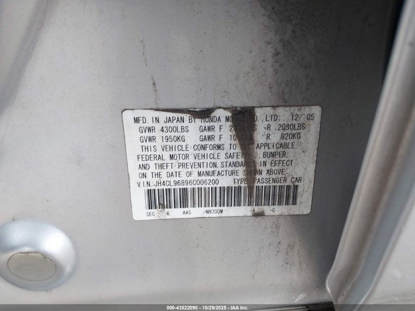 2006 Acura Tsx VIN: JH4CL96896C006200 Lot: 43522090