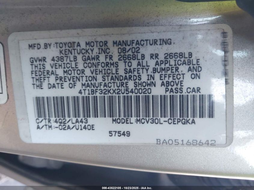 2002 Toyota Camry Xle V6 VIN: 4T1BF32KX2U540020 Lot: 43522105