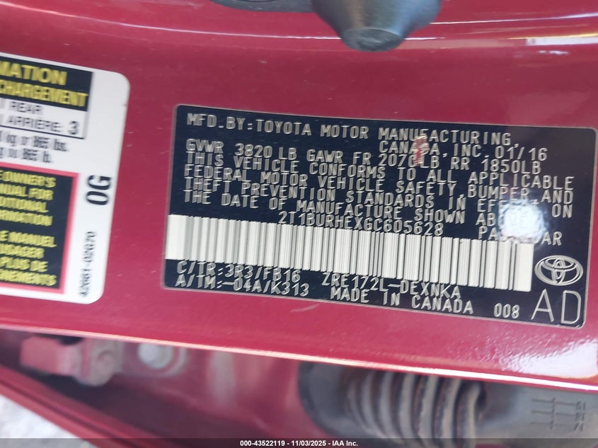 2016 TOYOTA COROLLA L/LE/LE PLS/PRM/S/S PLS - 2T1BURHEXGC605628