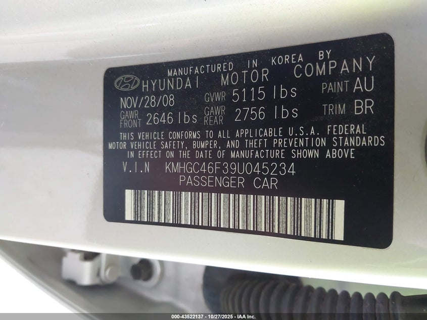 KMHGC46F39U045234 2009 HYUNDAI GENESIS photo no. 9