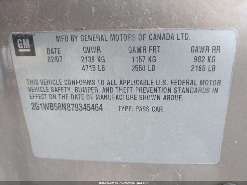 2007 Chevrolet Impala Ls VIN: 2G1WB58N879345464 Lot: 43522173