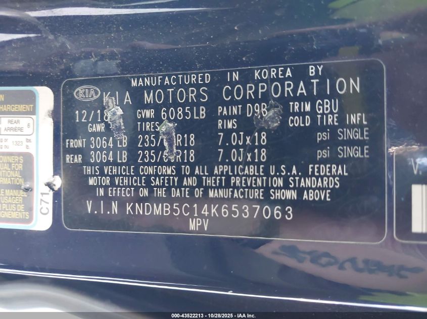 2019 Kia Sedona Ex VIN: KNDMB5C14K6537063 Lot: 43522213