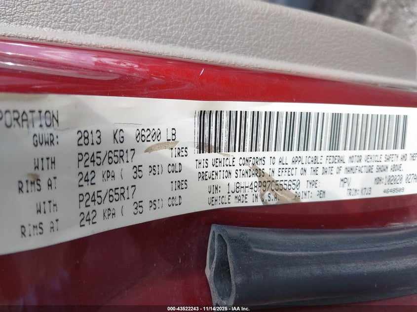 2007 Jeep Commander Sport VIN: 1J8HH48P97C555650 Lot: 43522243