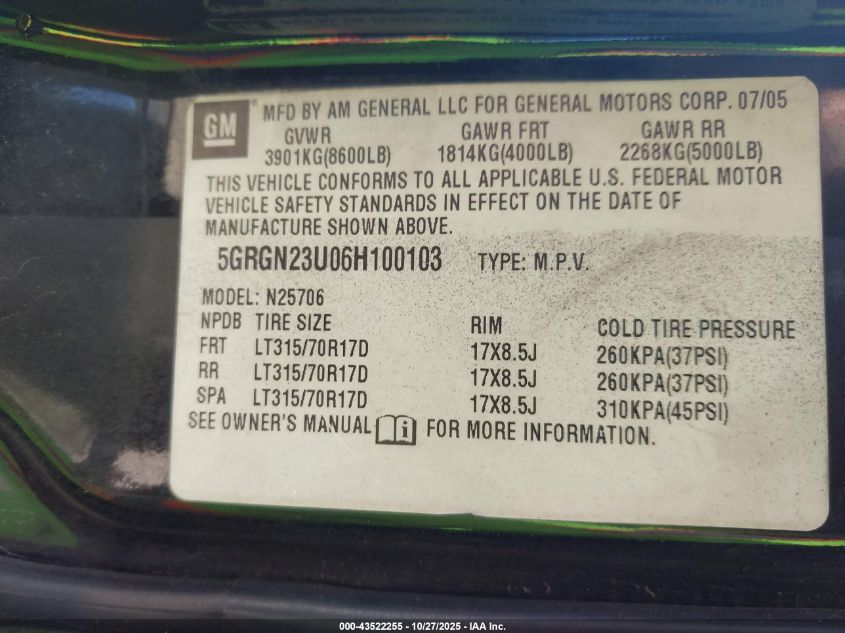2006 Hummer H2 Suv VIN: 5GRGN23U06H100103 Lot: 43522255