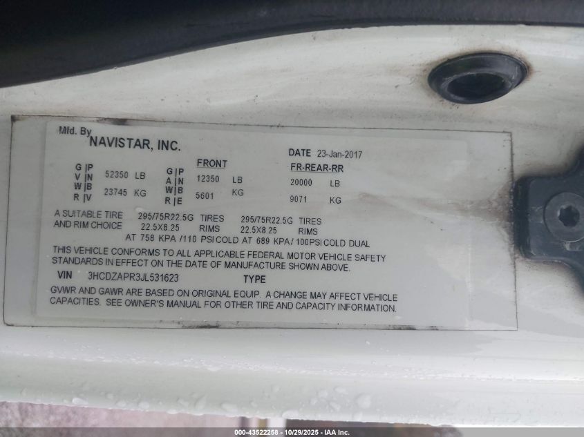 2018 International Lt VIN: 3HCDZAPR3JL531623 Lot: 43522258