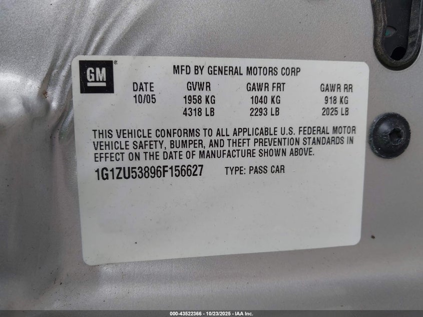 2006 Chevrolet Malibu Ltz VIN: 1G1ZU53896F156627 Lot: 43522366