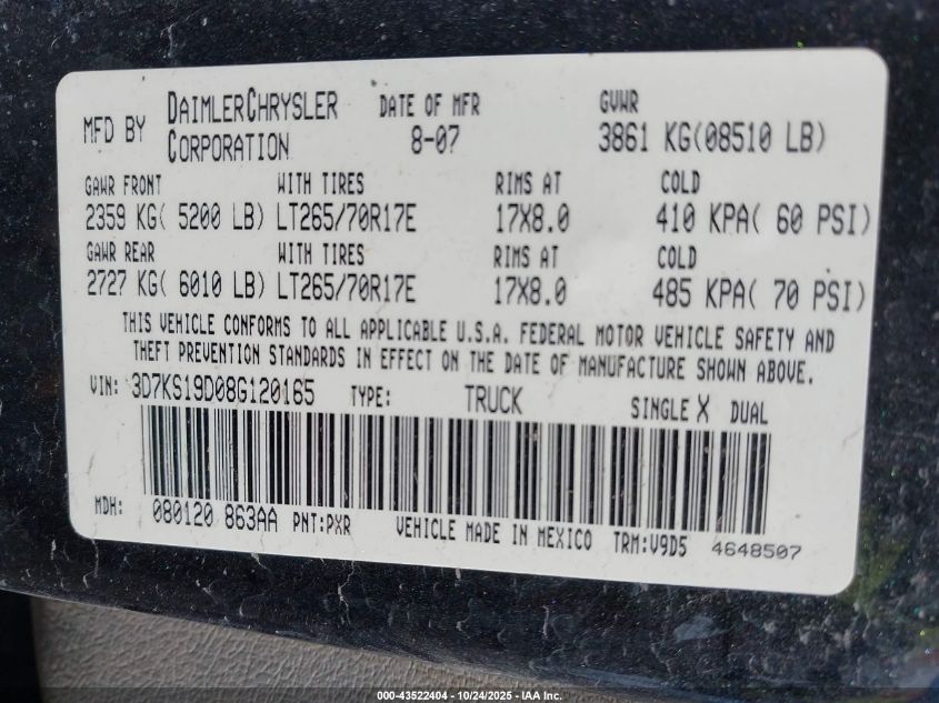 2008 Dodge Ram 1500 Sxt/Slt VIN: 3D7KS19D08G120165 Lot: 43522404