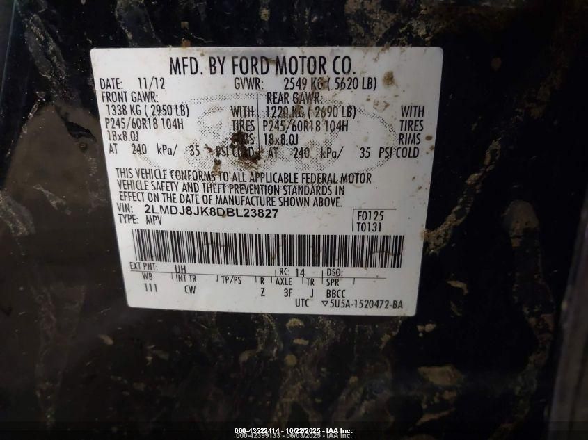 2013 Lincoln Mkx VIN: 2LMDJ8JK8DBL23827 Lot: 43522414