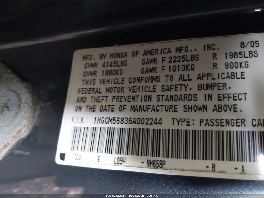 1HGCM56836A002244 2006 HONDA ACCORD photo no. 9