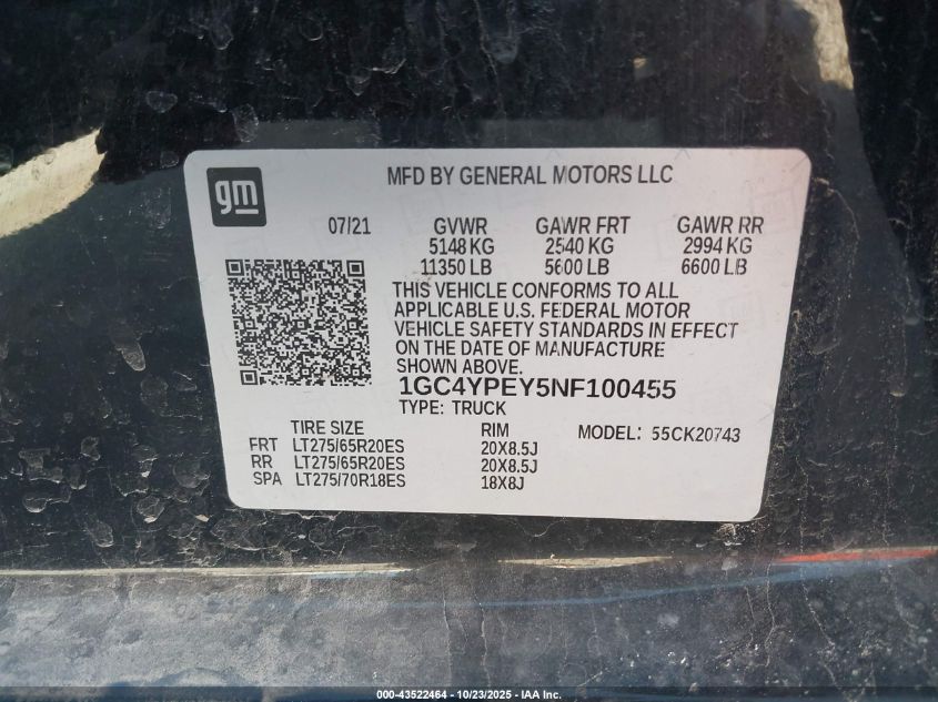 2022 Chevrolet Silverado 2500Hd 4Wd Standard Bed Ltz VIN: 1GC4YPEY5NF100455 Lot: 43522464