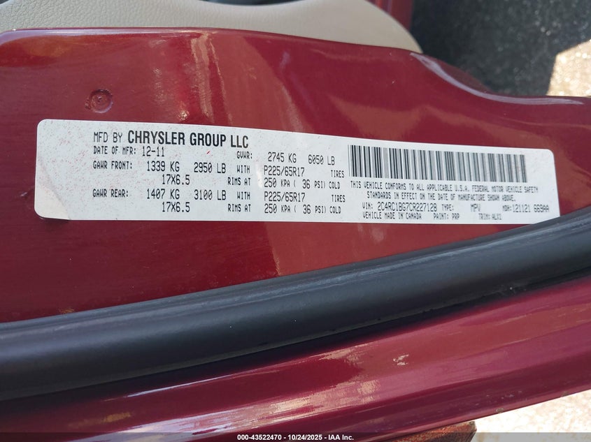 2012 Chrysler Town & Country Touring VIN: 2C4RC1BG7CR227128 Lot: 43522470