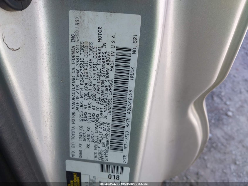 5TETX62N66Z269245 2006 TOYOTA TACOMA photo no. 9