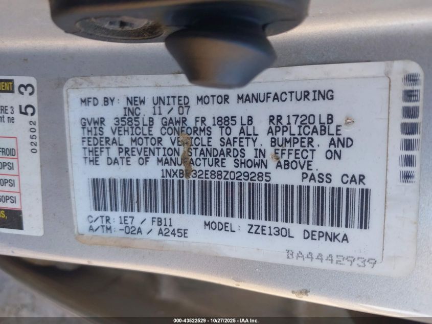 2008 Toyota Corolla Le VIN: 1NXBR32E88Z029285 Lot: 43522529