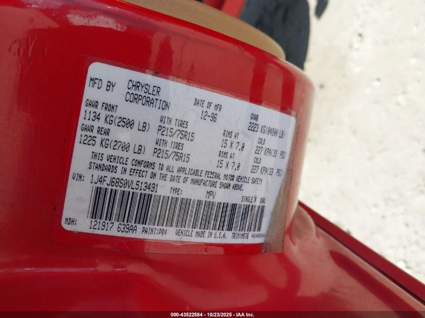 1997 Jeep Cherokee Sport VIN: 1J4FJ68S0VL513491 Lot: 43522584