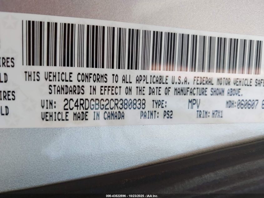 2012 Dodge Grand Caravan Se/Avp VIN: 2C4RDGBG2CR380838 Lot: 43522596