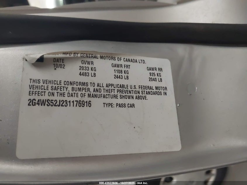 2003 Buick Century Custom VIN: 2G4WS52J231176916 Lot: 43522606