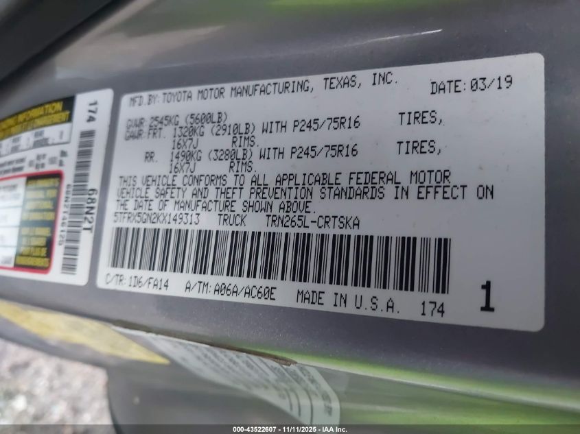 2019 Toyota Tacoma Sr VIN: 5TFRX5GN2KX149313 Lot: 43522607