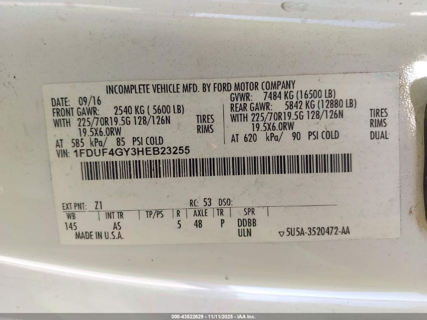 2017 Ford F-450 Chassis Xl VIN: 1FDUF4GY3HEB23255 Lot: 43522629